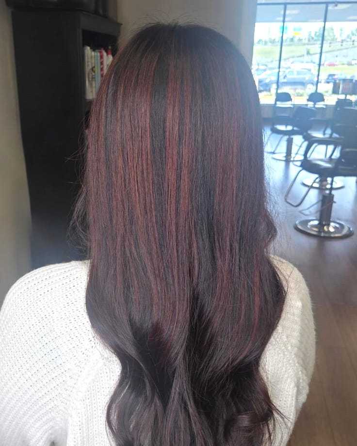 Long brown hair with subtle red highlights in a salon setting.
