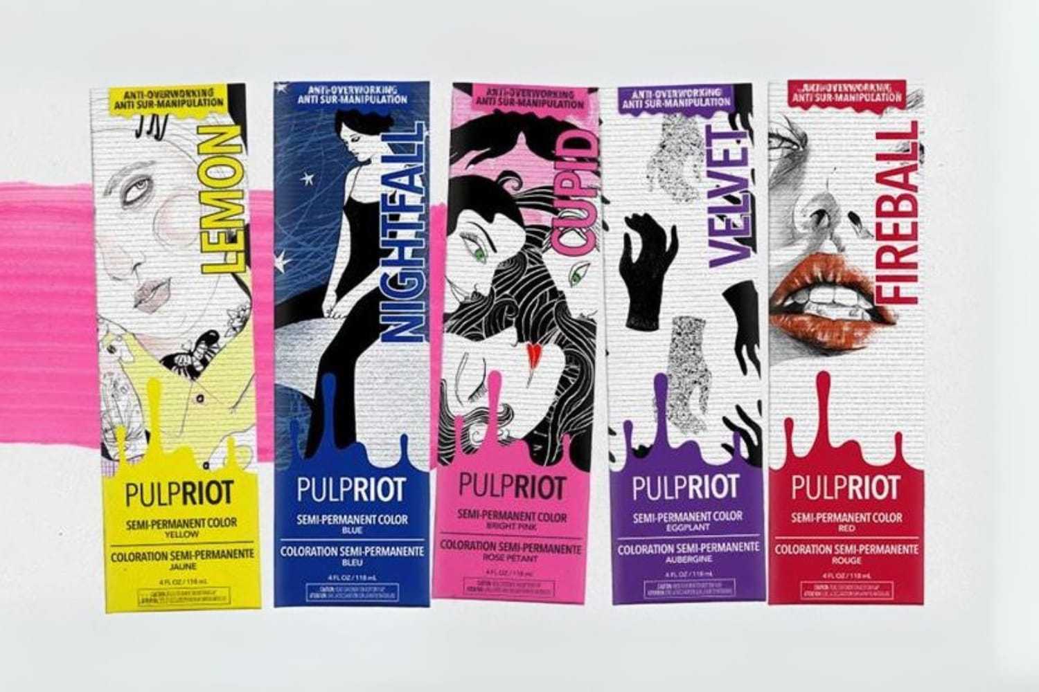 Pulp Riot semi-permanent hair color boxes: Lemon, Nightfall, Cupid, Velvet, Fireball.