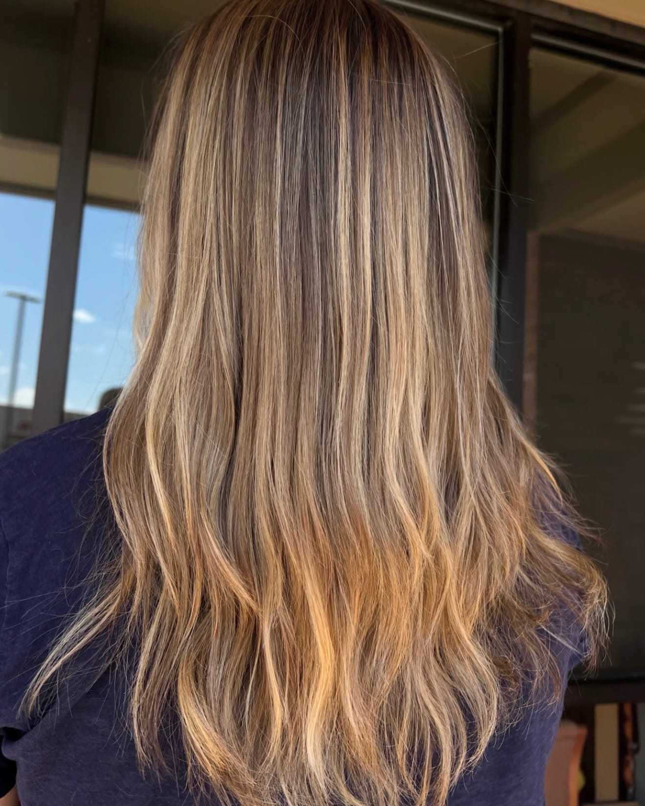 Long brown hair with blonde highlights, shown from the back in front of a building window.
